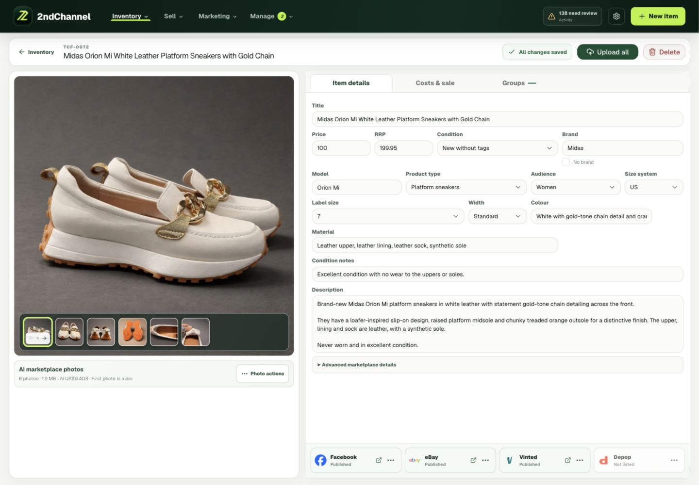 A 2ndChannel product review screen with AI marketplace photos, editable listing details, and separate Facebook, eBay, Vinted and Depop statuses.