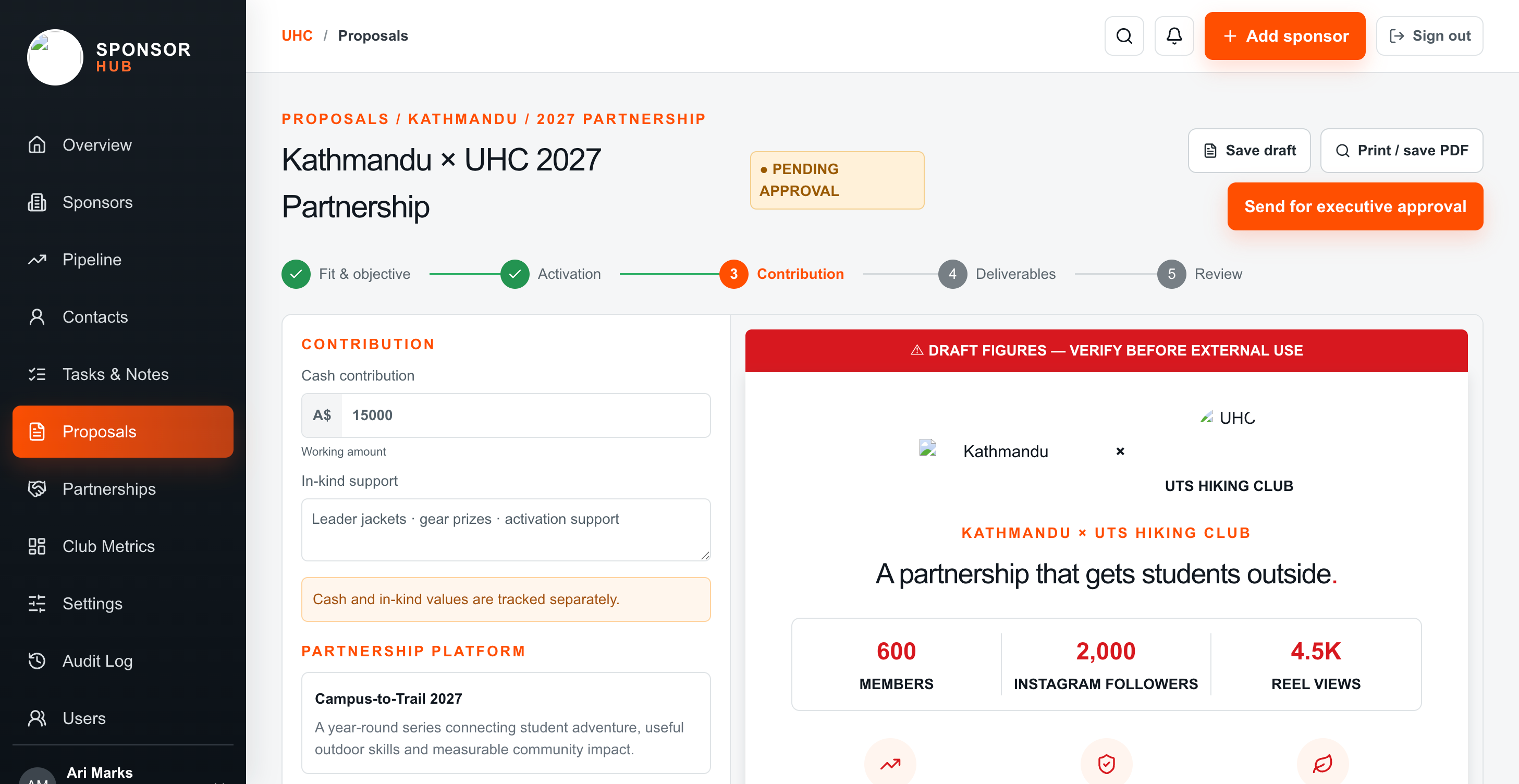 UHC proposal workspace with contribution and deliverable controls, a draft preview, a draft-figures warning and pending executive approval.